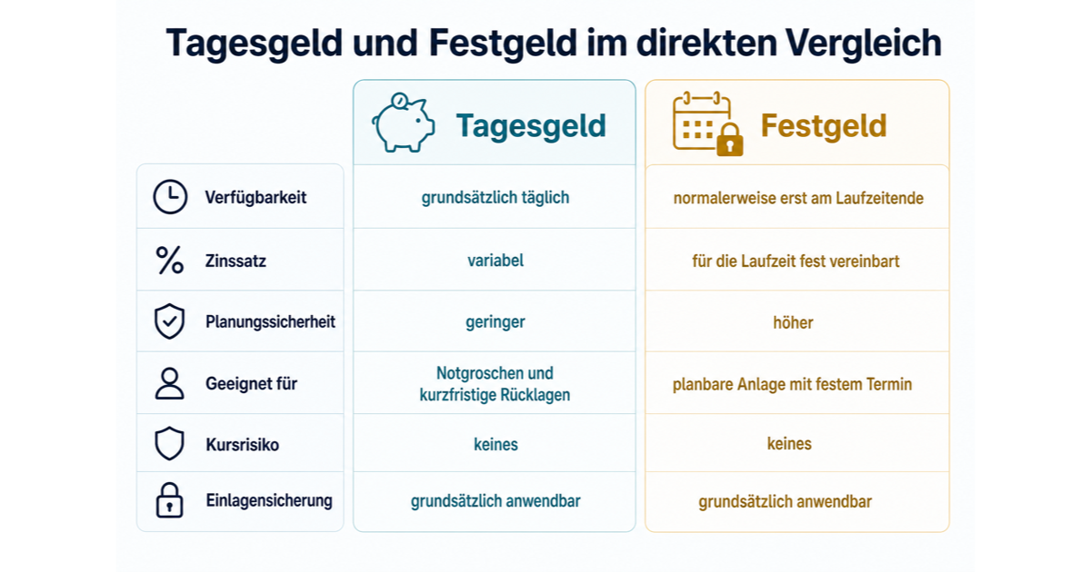 Tagesgeld oder Festgeld? Unterschiede im Vergleich